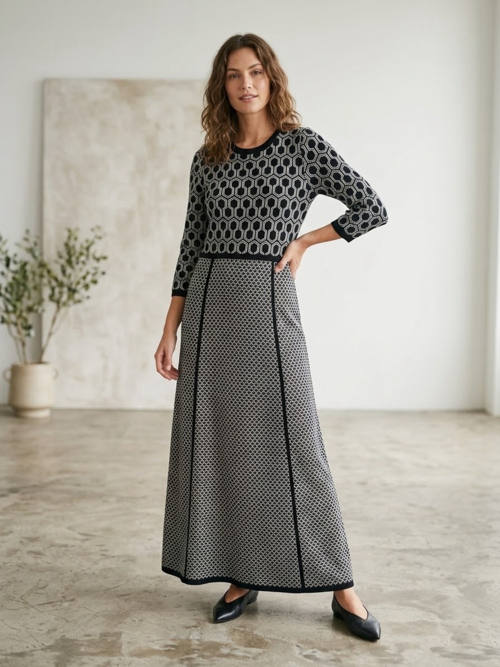 MOTH Anthropologie Women’s Geometric Knit Maxi Sweater Dress Black White Medium